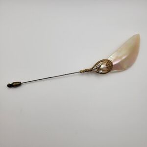 Antique Art Nouveau Abalone MOP & Rhinestones Gold Tone Hat Pin